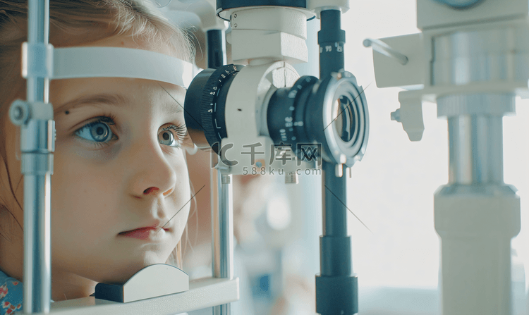 验光师操作设备为小女孩检查视力