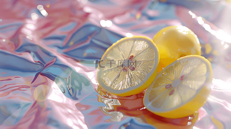 夏日冰水上的柠檬切块背景