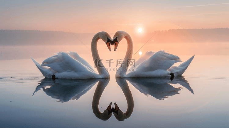 湖面上两只天鹅结成心形背景