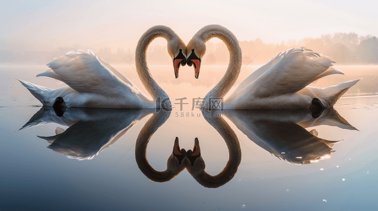 湖面上两只天鹅结成心形背景
