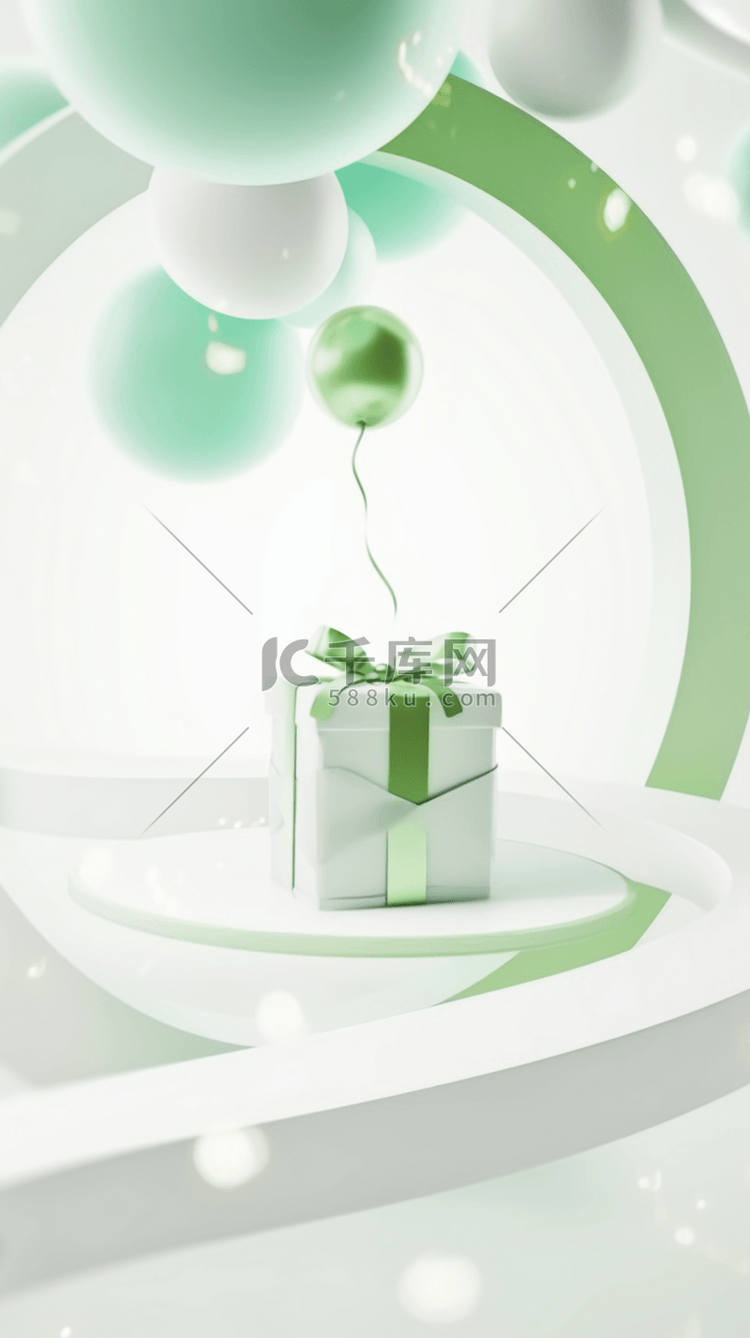 淡雅清新白绿色气球礼物盒展台设