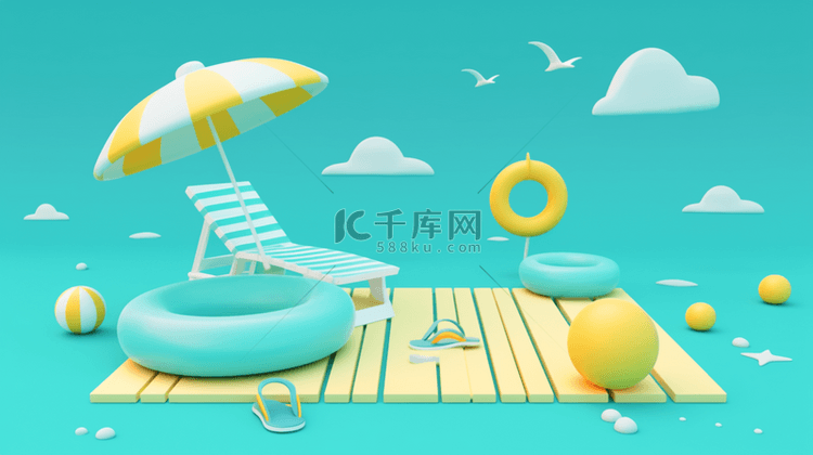 清新夏天3D海滩沙滩场景设计图