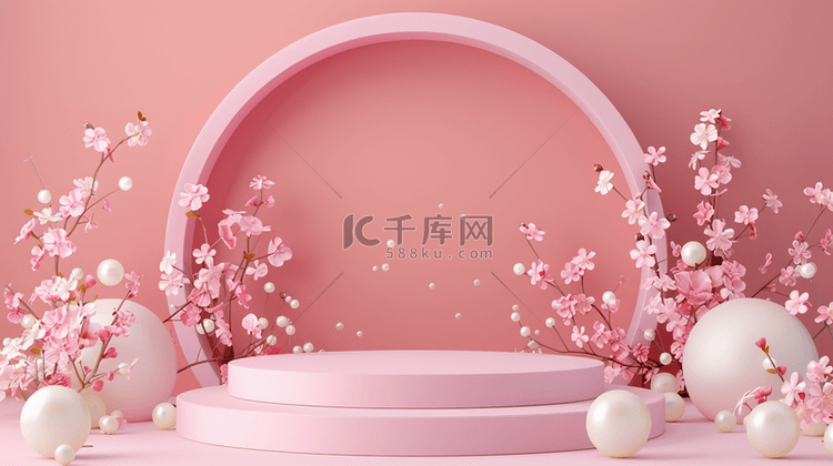 3D粉色质感花朵电商圆展台图片