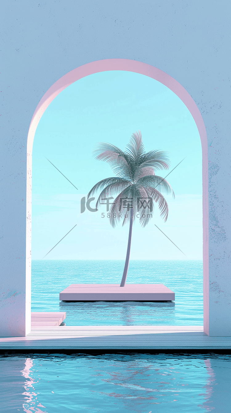 夏日拱门椰子树海边海景场景背景