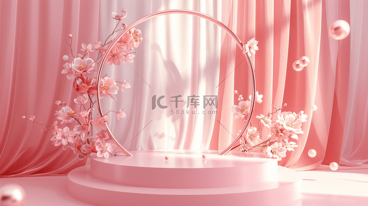 3D粉色质感花朵电商圆展台3背