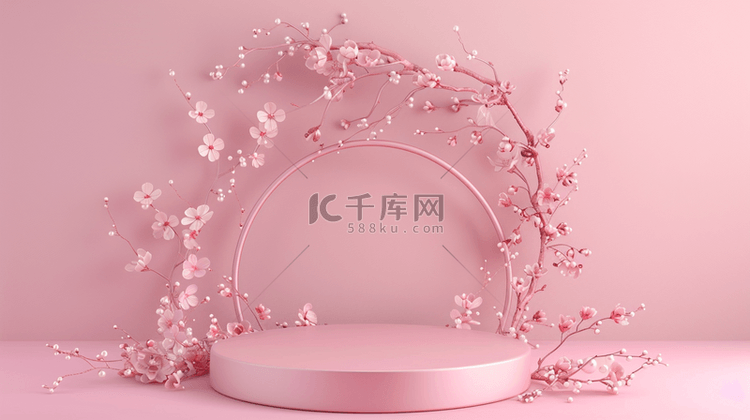3D粉色质感花朵电商圆展台设计图