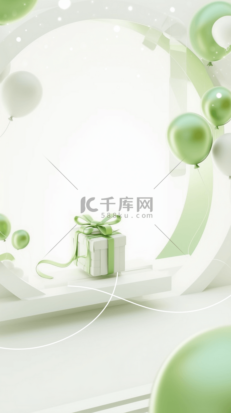 淡雅清新白绿色气球礼物盒展台图