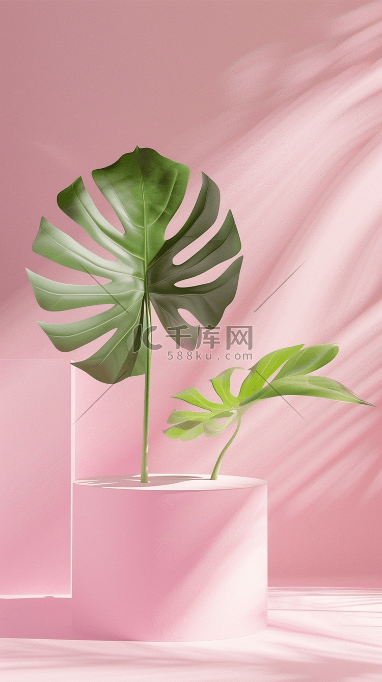 夏天绿植芭蕉叶粉色背景产品展台