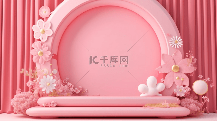 3D粉色质感花朵电商圆展台背景