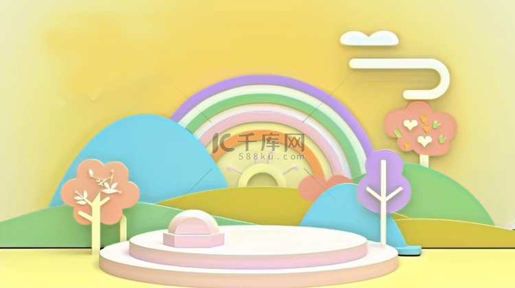 六一儿童节促销清新黄色3D彩虹