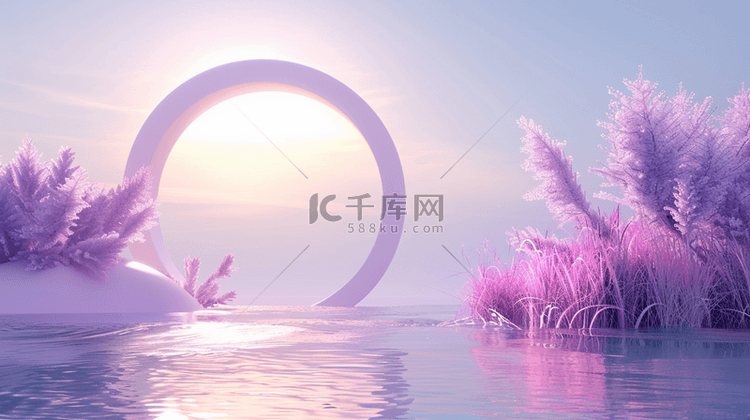夏日紫色薰衣草水面玻璃圆形概念