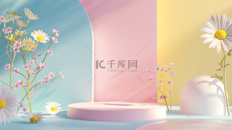 柔和粉彩白色雏菊3D产品展示台