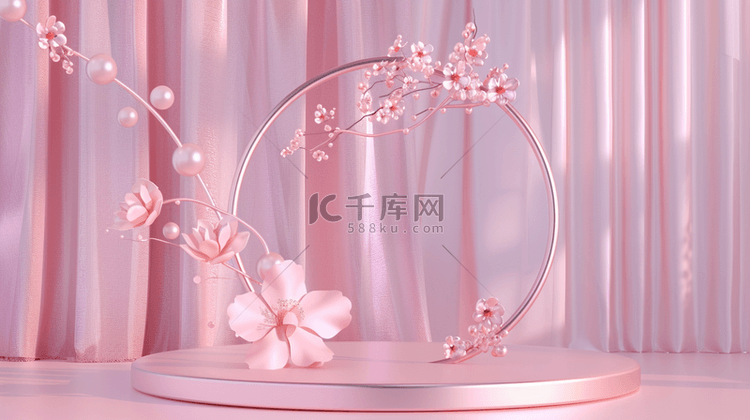 3D粉色质感花朵电商圆展台1图片