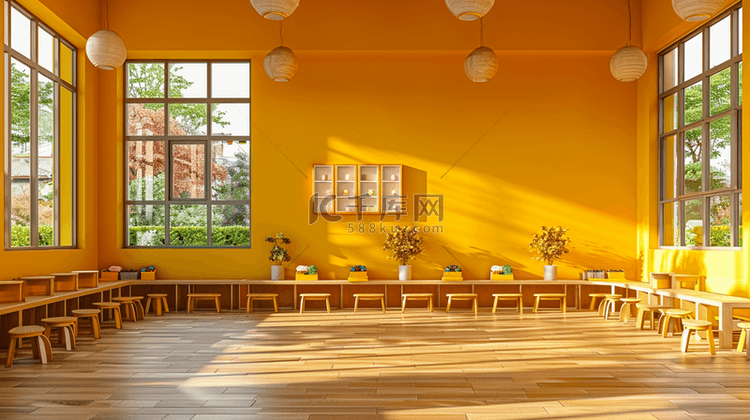 黄色温馨幼儿园桌椅黑板阳光照射