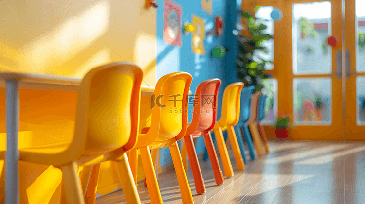 黄色温馨幼儿园桌椅黑板阳光照射
