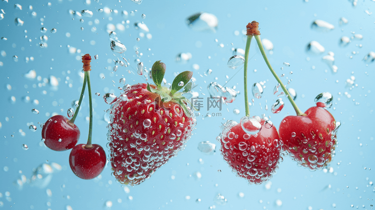 清晰樱桃草莓水珠气泡的背景