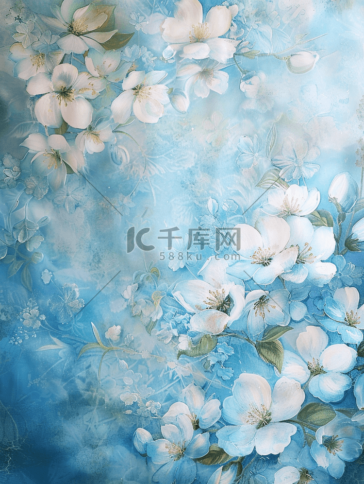 浅蓝色唯美梦幻墙上花朵花束的背