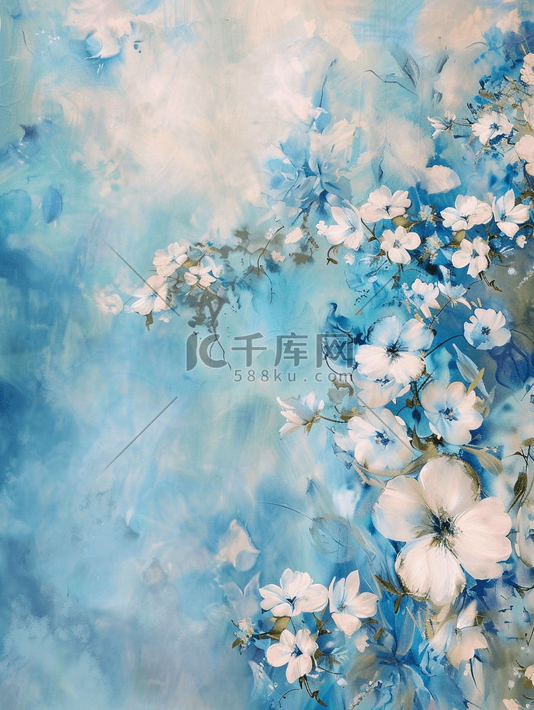 浅蓝色唯美梦幻墙上花朵花束的背