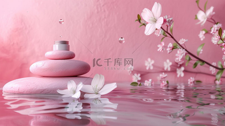 粉色化妆品鲜花合成创意素材背景