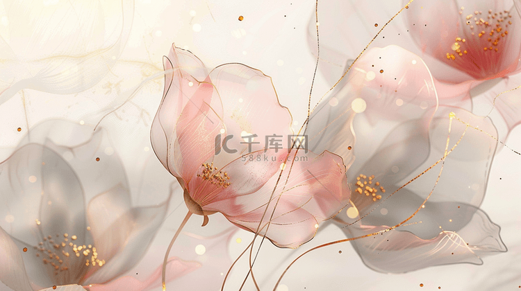 中式国画艺术风格粉色唯美花朵的