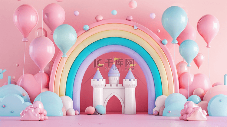 六一儿童节3D彩虹城堡气球展台