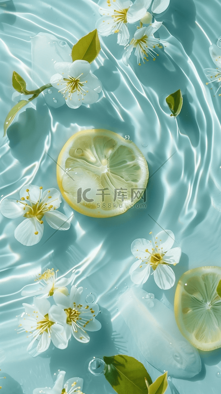 夏日清凉水面上的柠檬片和花朵素