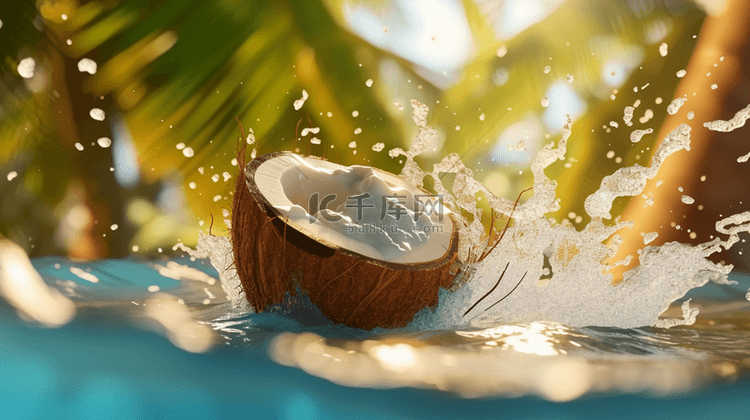 夏日微景观椰子飞溅水花光影背景