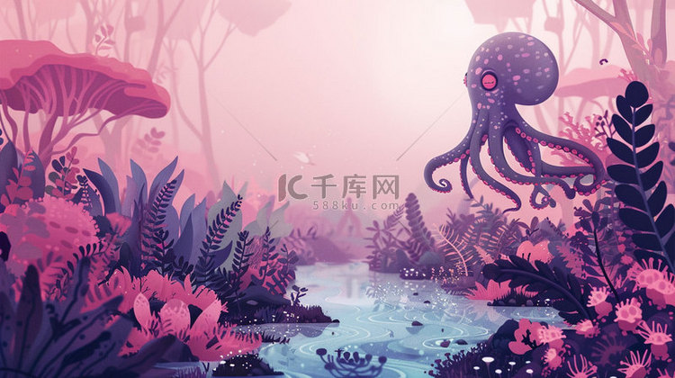 章鱼水底魔幻合成创意素材背景