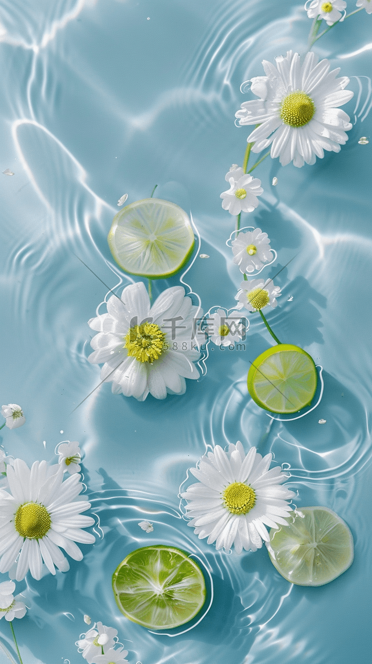 夏日清凉水面上的柠檬片和花朵图