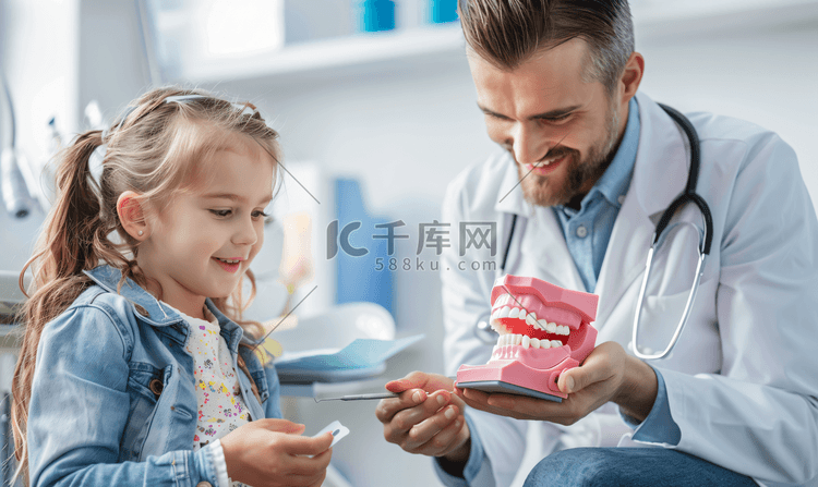 手拿牙齿模型的医生与小女孩