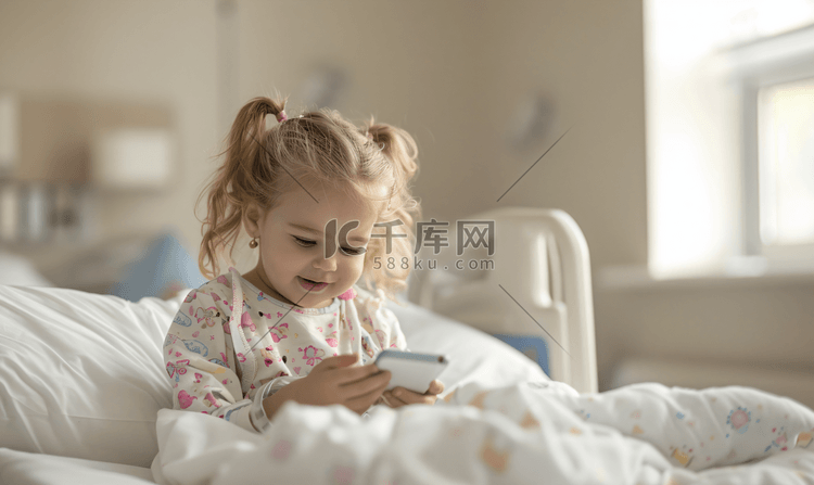住院的小女孩玩手机