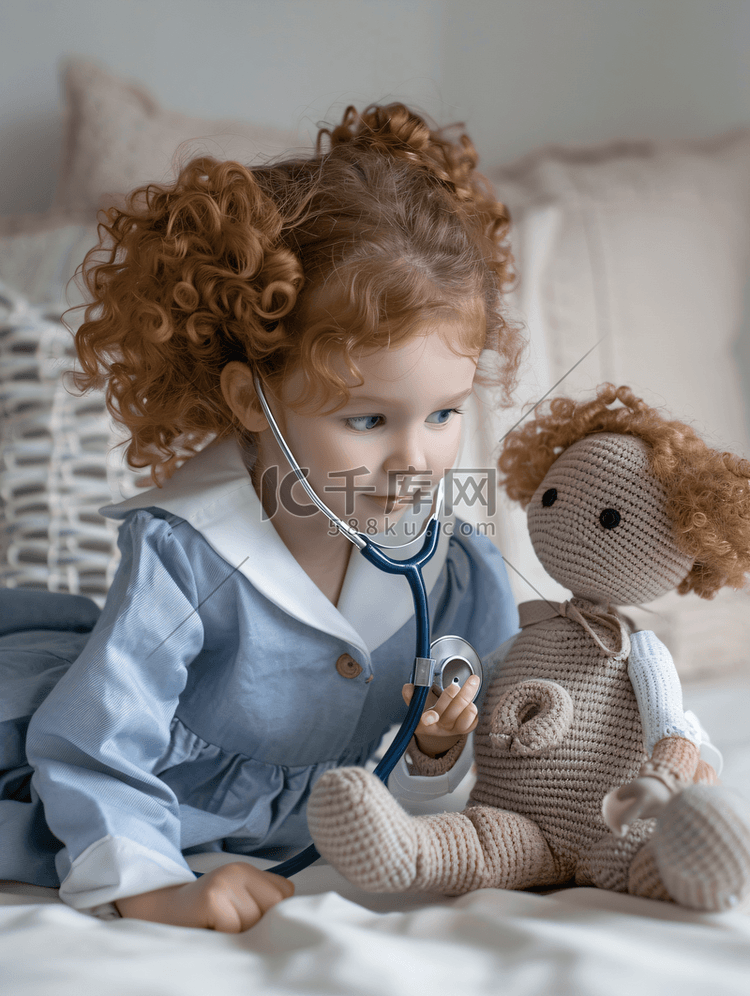 听诊器的女孩玩医生听娃娃女孩扮