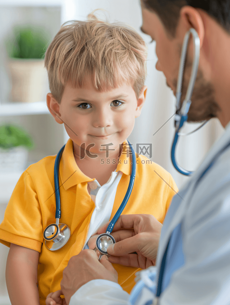 医生用听诊器检查一个小男孩