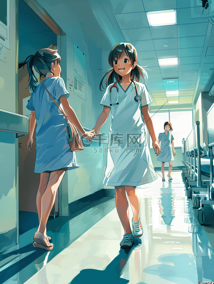 微笑的女孩医院走廊里散步时看着
