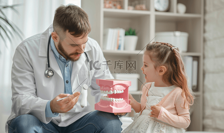 手拿牙齿模型的医生与小女孩