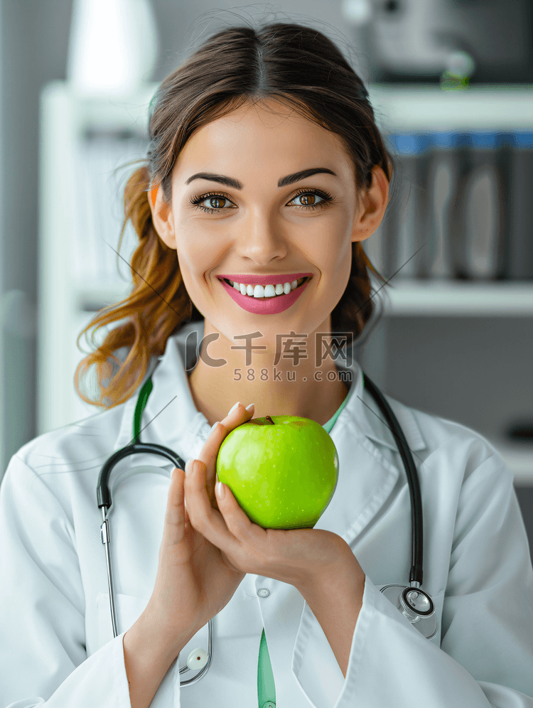 保健医学微笑的女医生听诊器绿苹