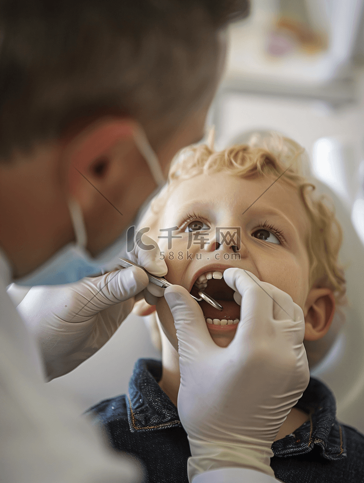 儿科牙医检查小病人的牙齿