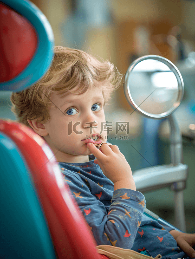 小男孩坐在牙医椅子上看着镜子里