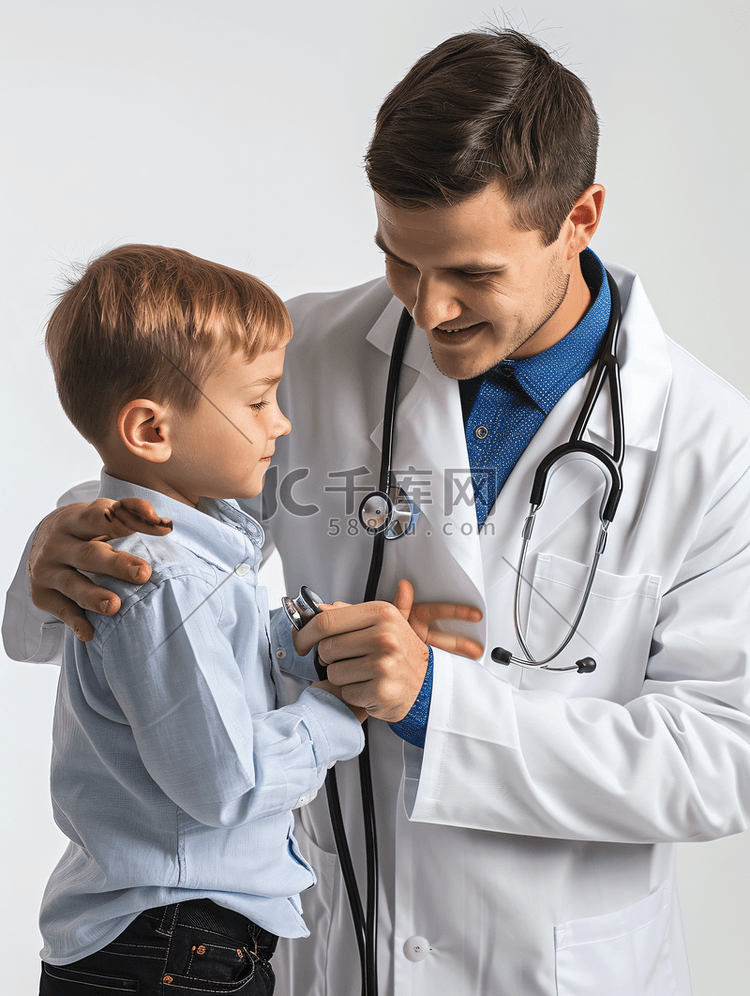 年轻男医生在检查小孩子
