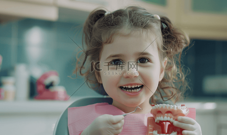 手拿牙齿模型的小女孩和牙医点赞