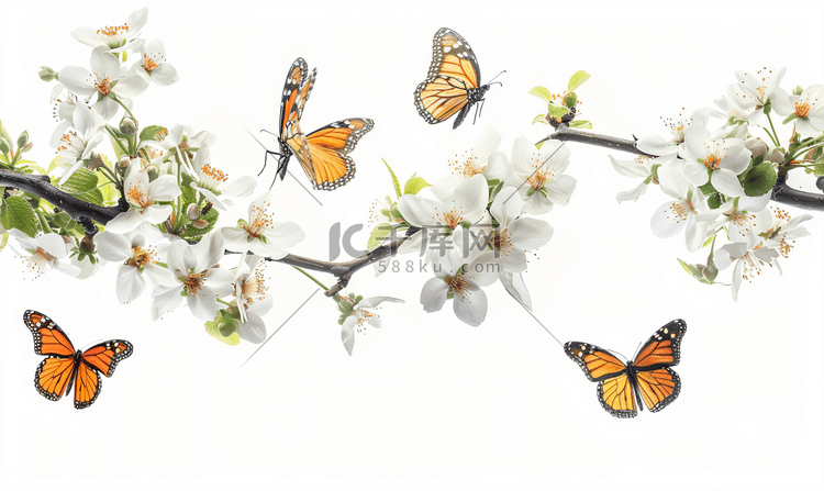 白色背景上孤立的花朵和蝴蝶的分