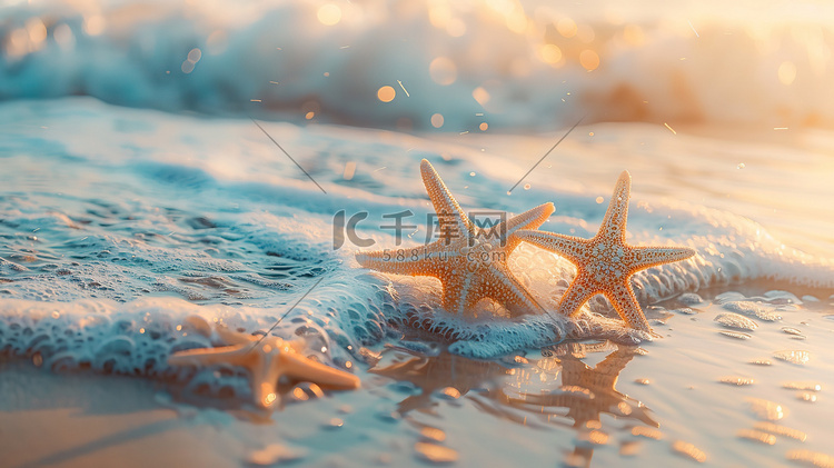 日出时海滩上的海星摄影配图