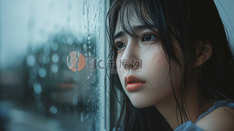 雨天孤独和失落美女人像高清图片