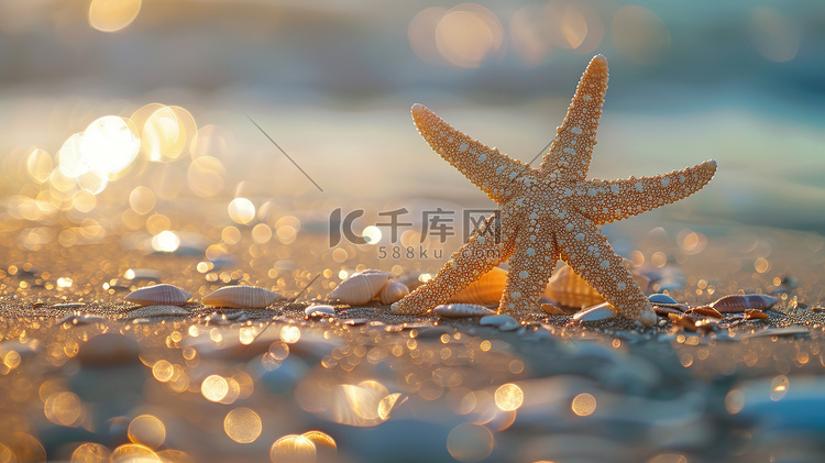 日出时海滩上的海星高清摄影图