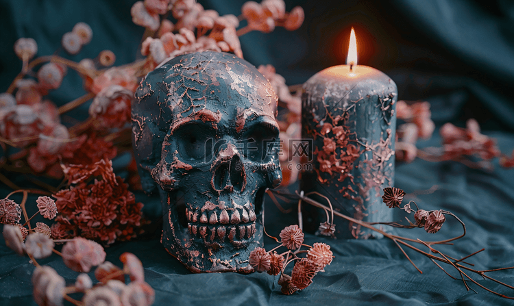 深色背景中燃烧蜡烛和干花的头骨