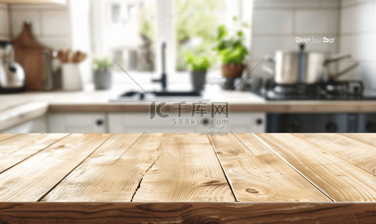 厨房背景模糊的木桌
