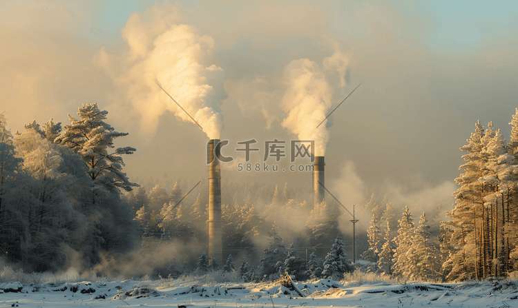 松林冬景背景下两座工业烟囱冒着