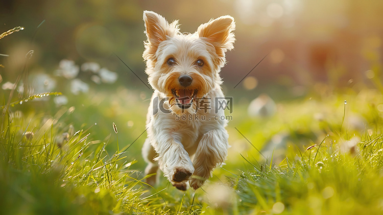 快乐的小狗​​穿过绿草摄影图