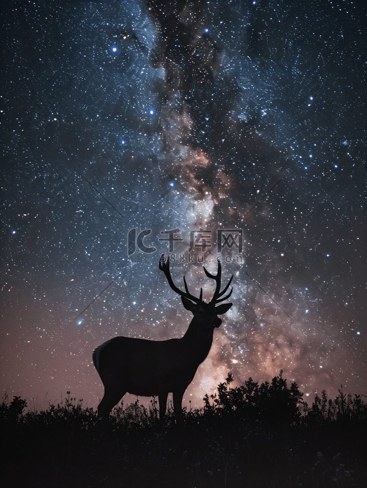 夜晚鹿剪影在银河背景下的美丽背