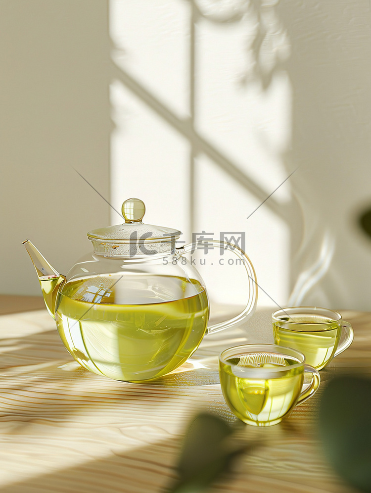 透明的玻璃茶壶和茶杯图片